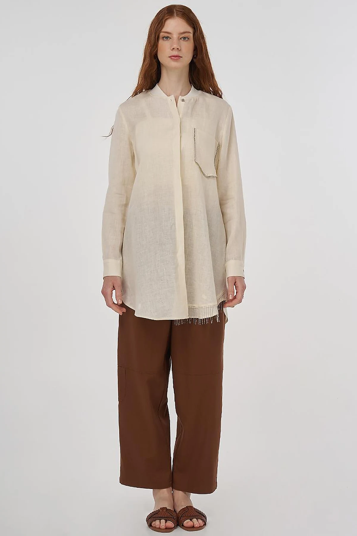 100% Linen Tunic with Bead Embroidery Cream 