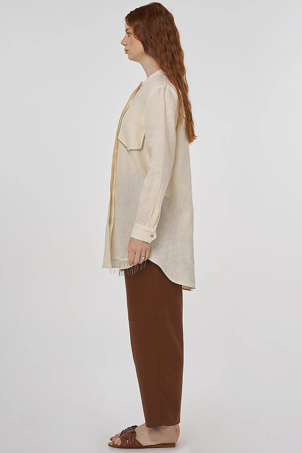100% Linen Tunic with Bead Embroidery Cream 