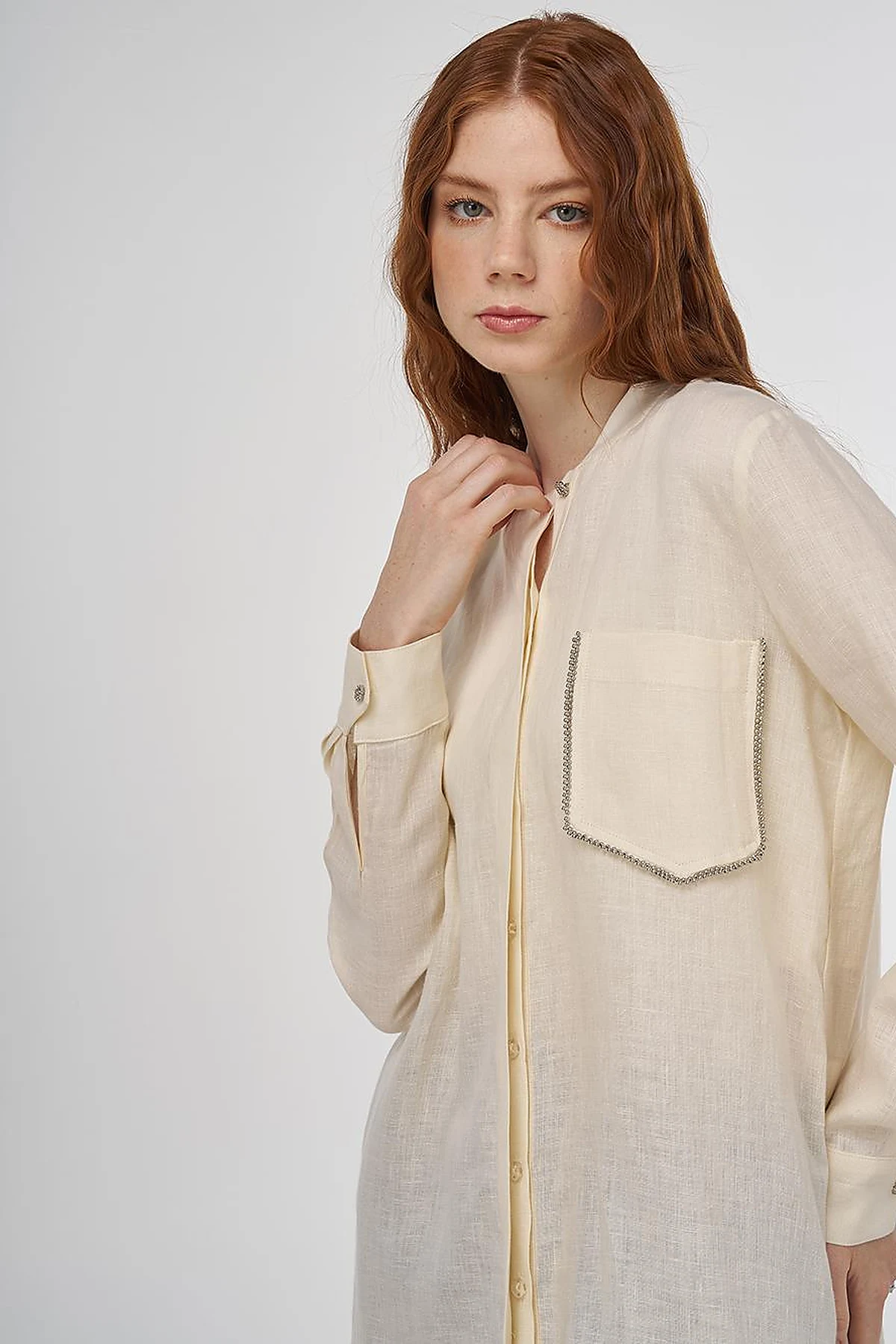 100% Linen Tunic with Bead Embroidery Cream 