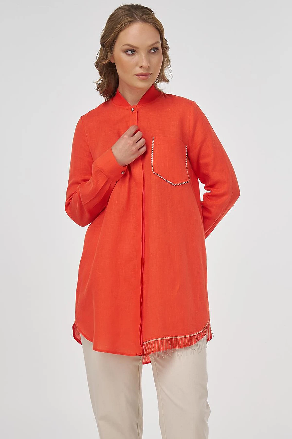 100% Linen Tunic with Bead Embroidery Coral