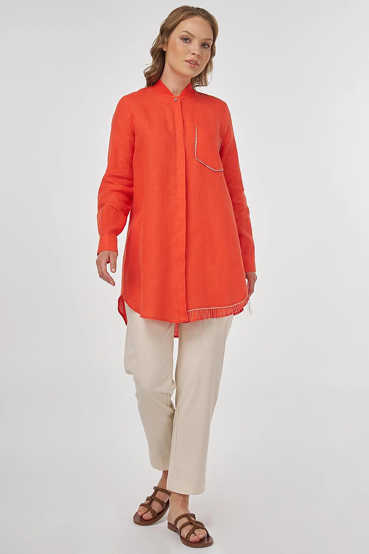 100% Linen Tunic with Bead Embroidery Coral