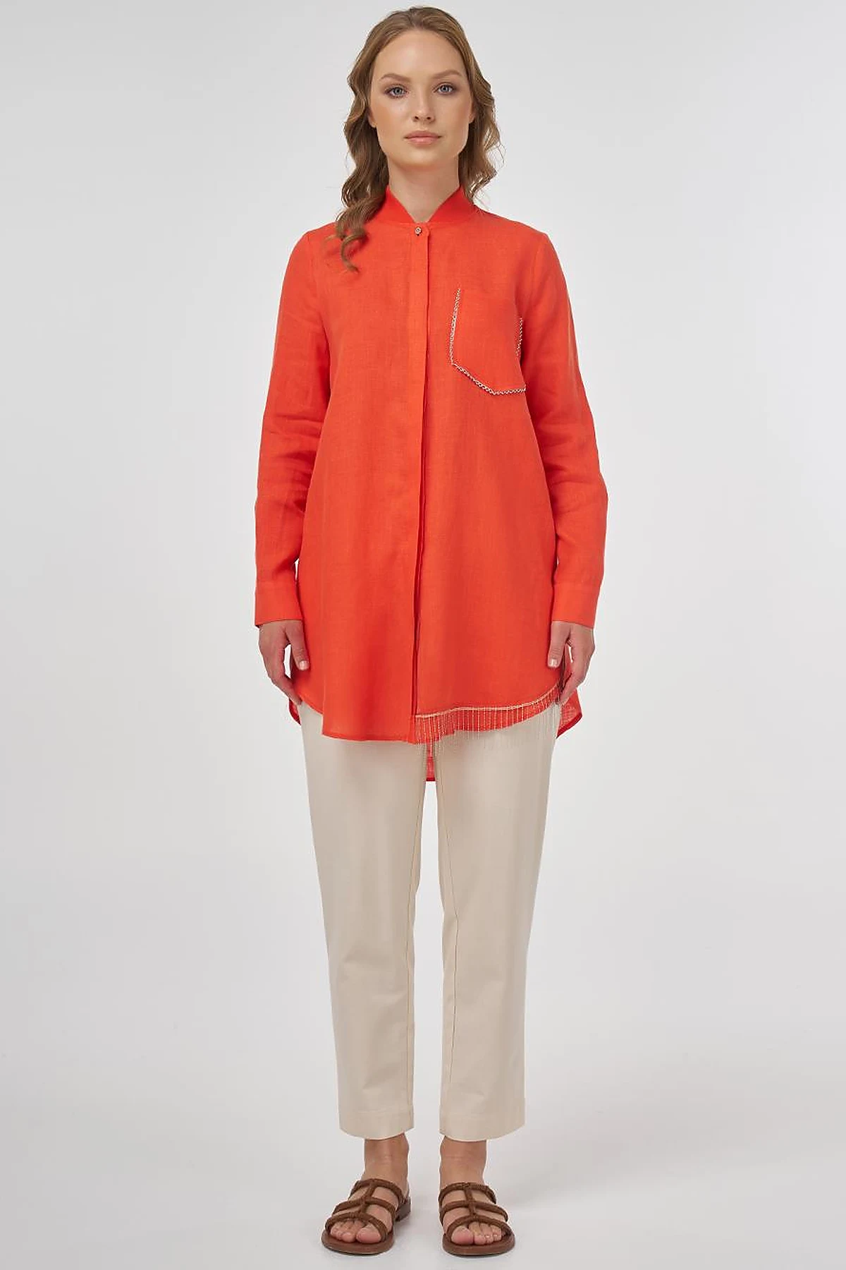 100% Linen Tunic with Bead Embroidery Coral