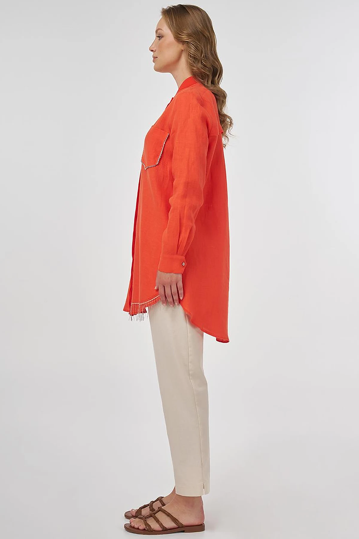 100% Linen Tunic with Bead Embroidery Coral