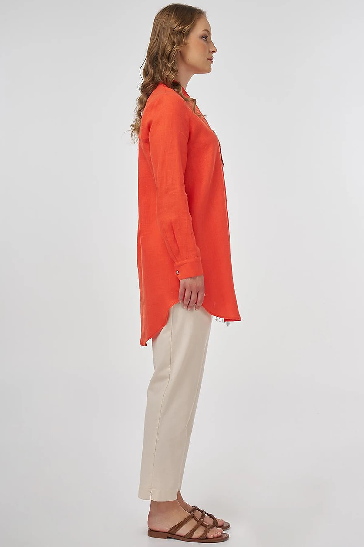 100% Linen Tunic with Bead Embroidery Coral