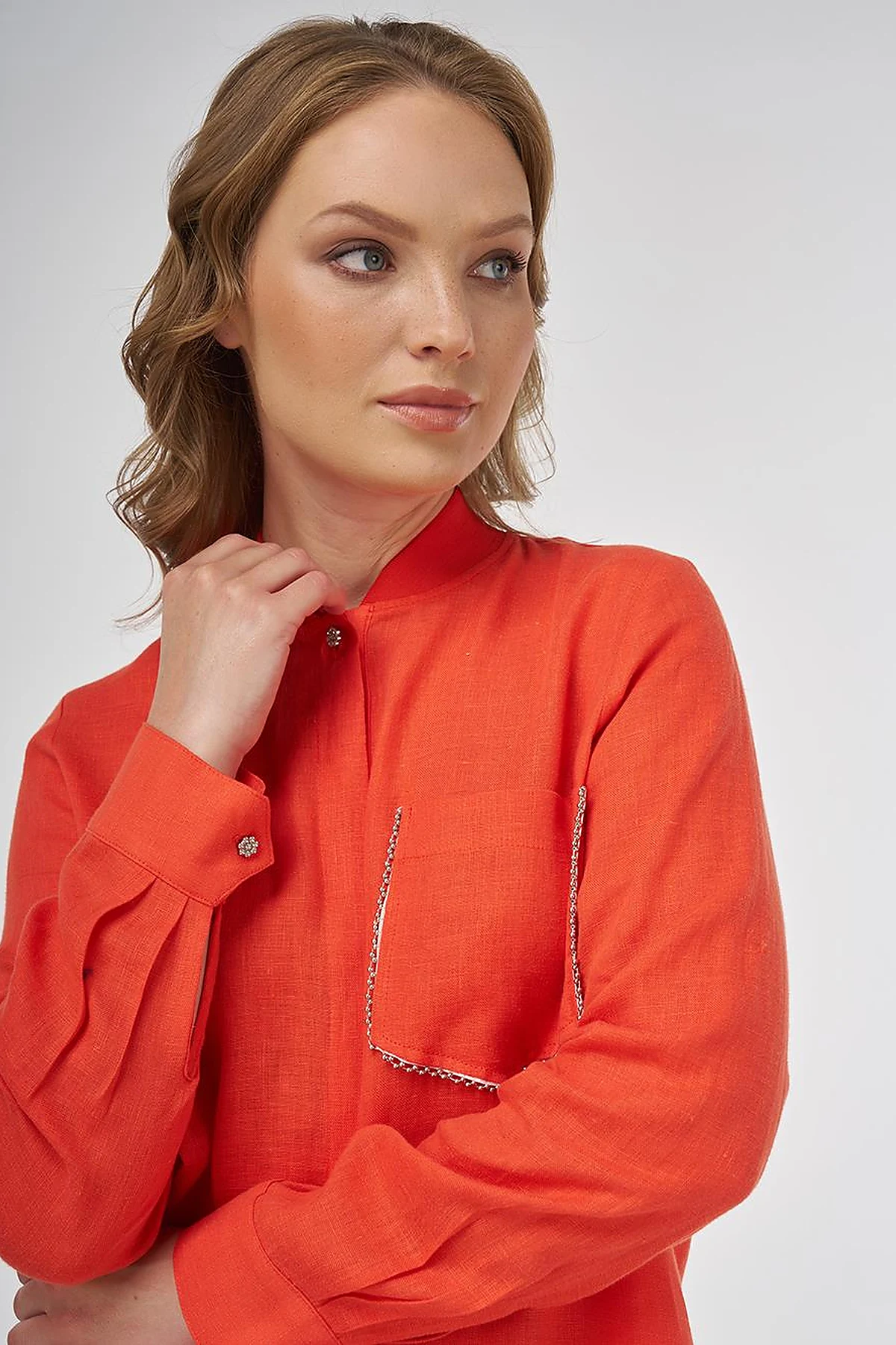 100% Linen Tunic with Bead Embroidery Coral