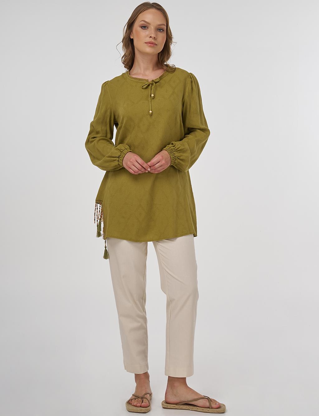 Tassel Detailed Viscose Linen Blouse - Khaki