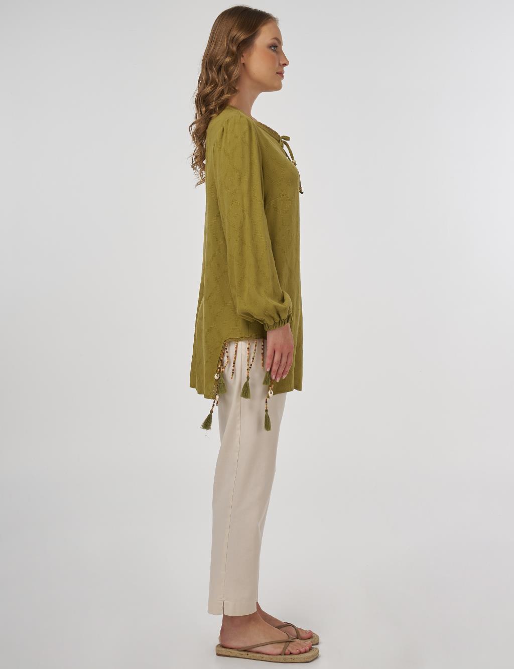 Tassel Detailed Viscose Linen Blouse - Khaki