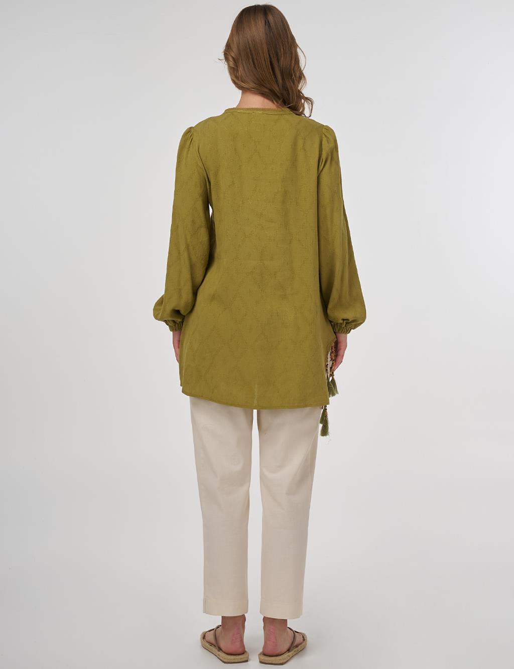 Tassel Detailed Viscose Linen Blouse - Khaki