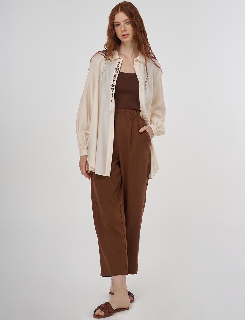 Püskül Detaylı Viskon Tunik Ekru