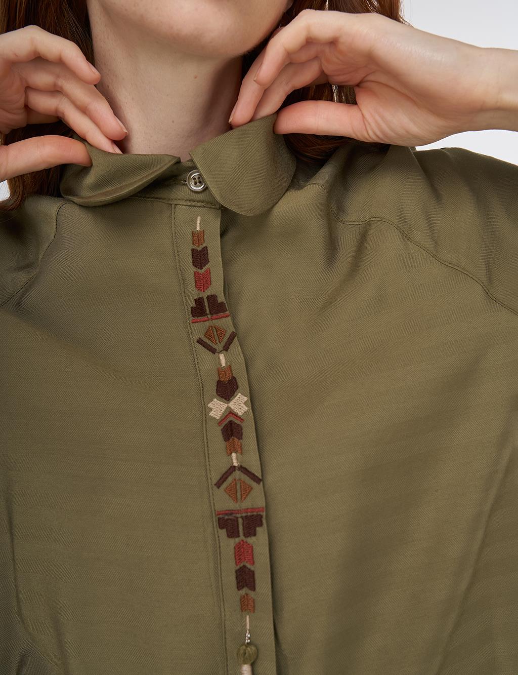 Püskül Detaylı Viskon Tunik Haki