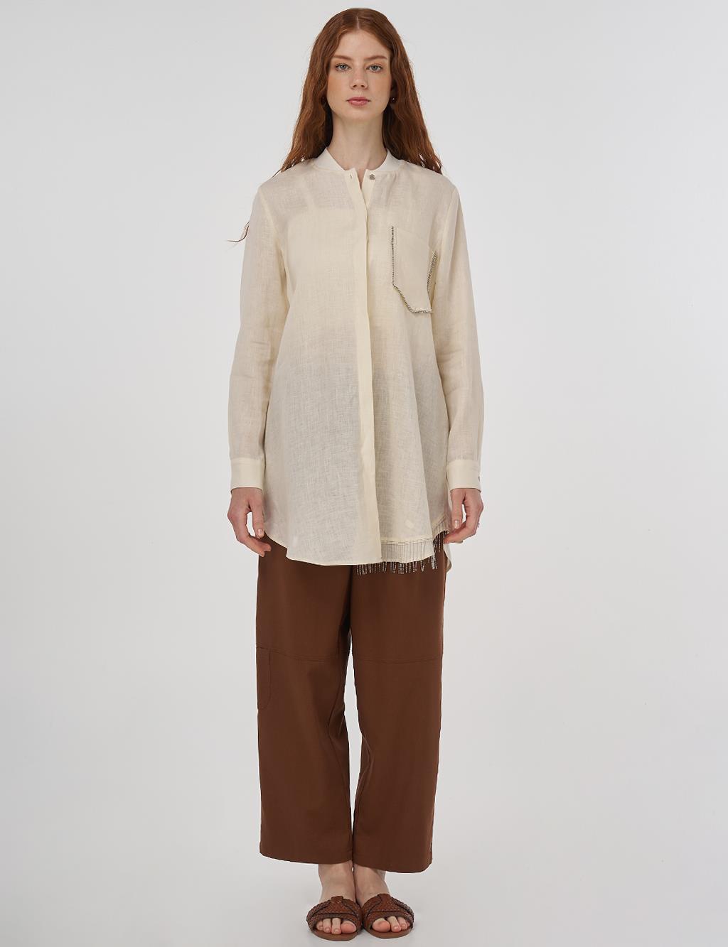 100% Linen Tunic with Bead Embroidery Cream 