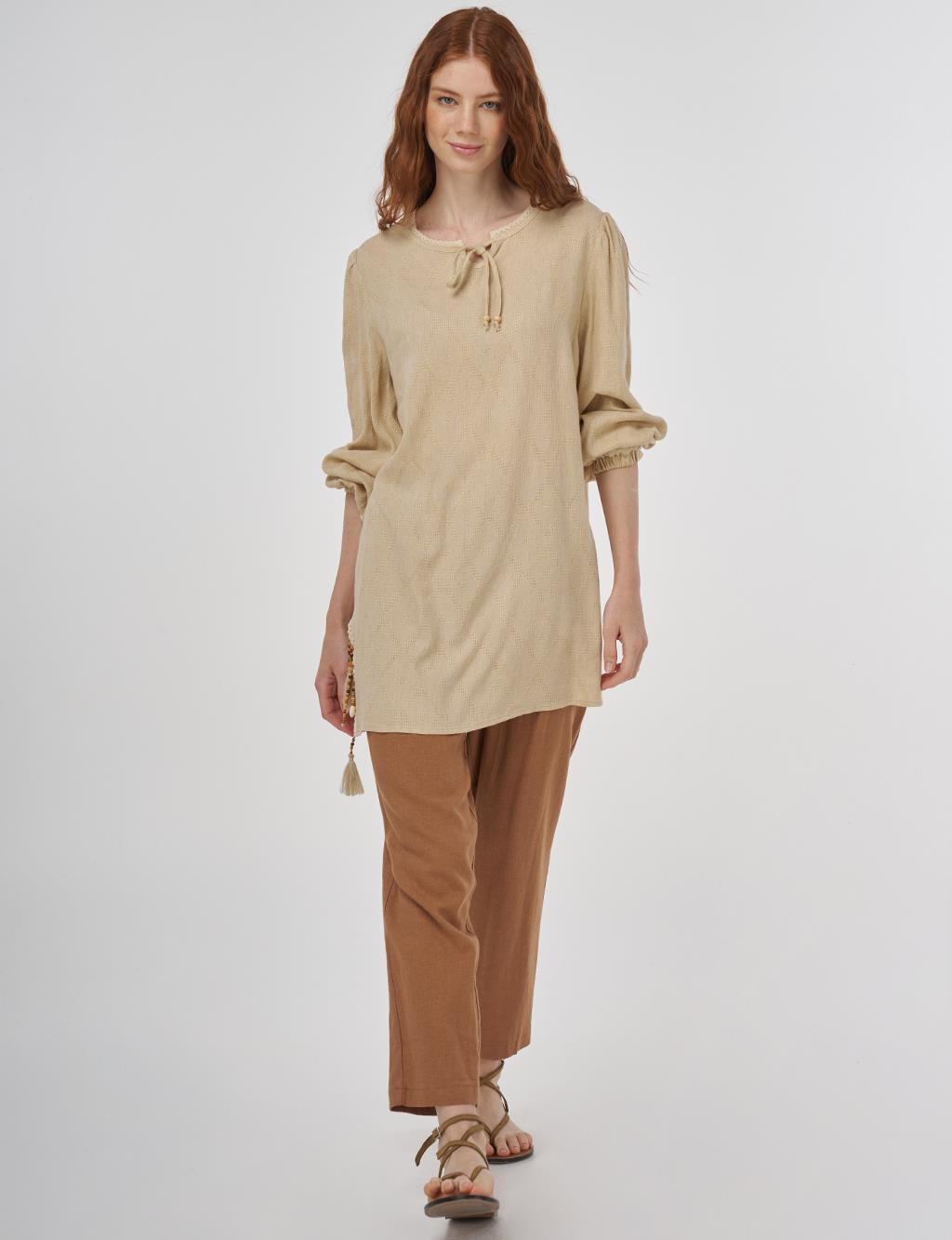 Tassel Detailed Viscose Linen Blouse - Beige