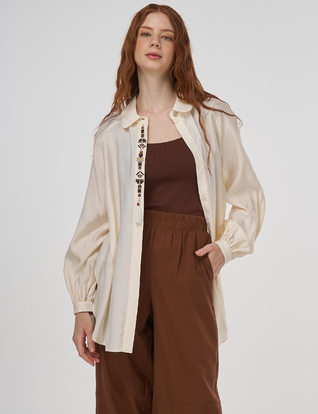 Püskül Detaylı Viskon Tunik Ekru