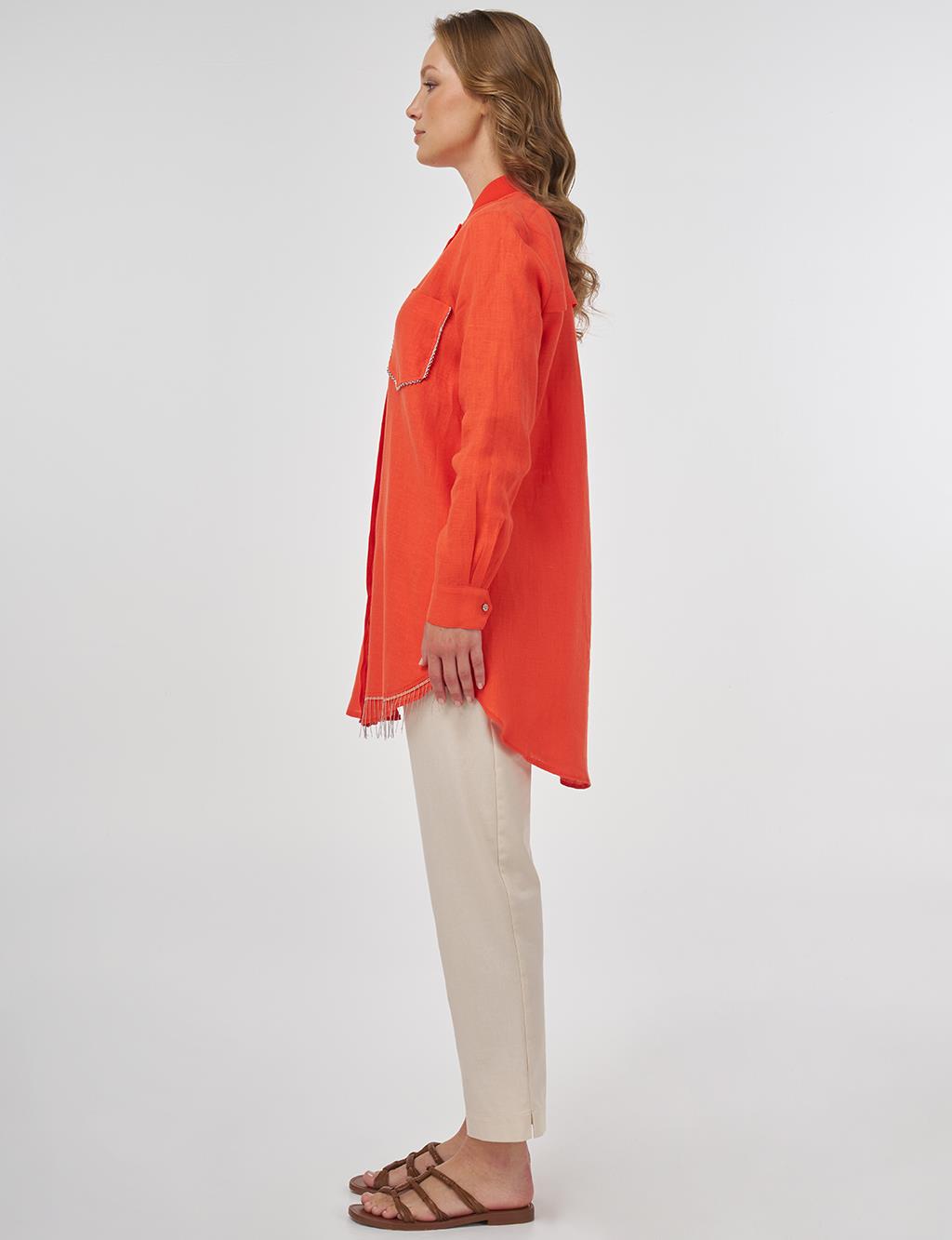 100% Linen Tunic with Bead Embroidery Coral