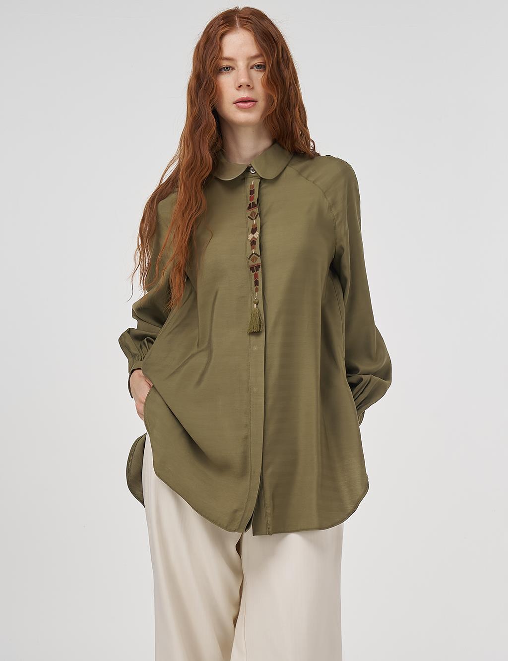 Püskül Detaylı Viskon Tunik Haki