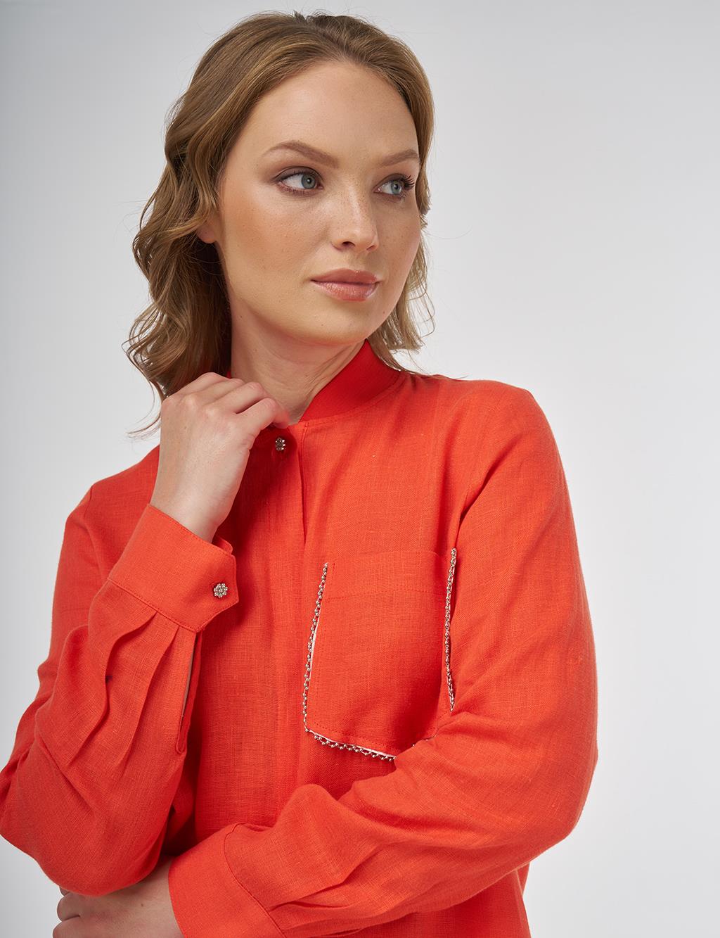100% Linen Tunic with Bead Embroidery Coral