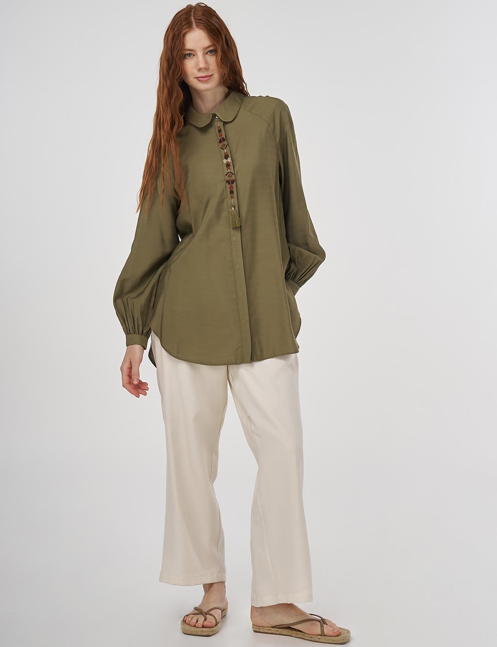 Püskül Detaylı Viskon Tunik Haki