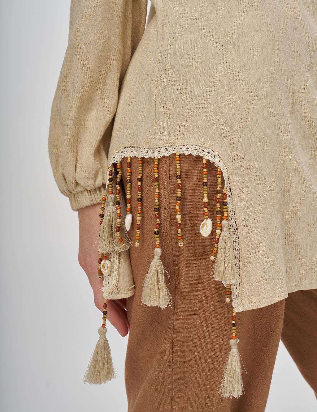 Tassel Detailed Viscose Linen Blouse - Beige