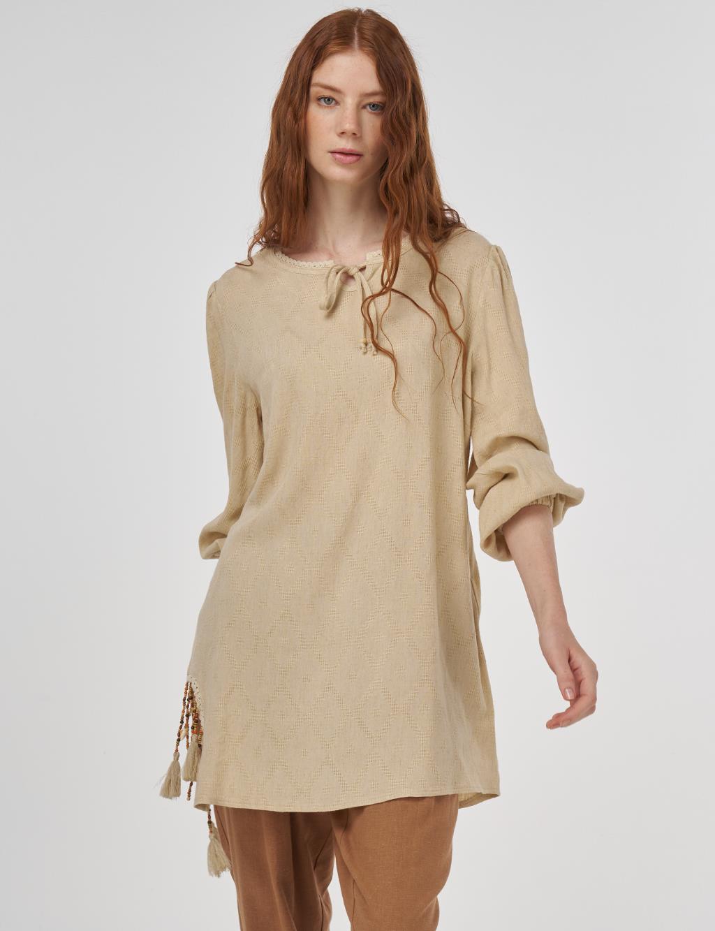 Tassel Detailed Viscose Linen Blouse - Beige