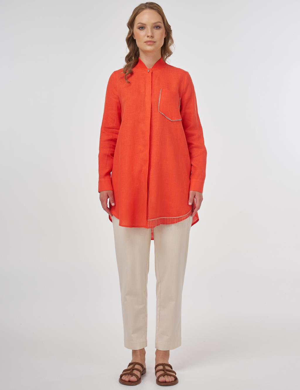 100% Linen Tunic with Bead Embroidery Coral