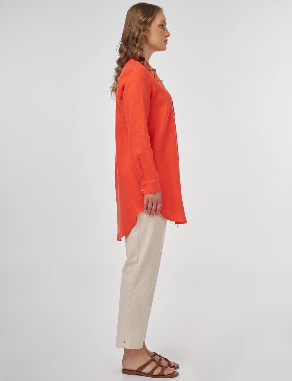 100% Linen Tunic with Bead Embroidery Coral