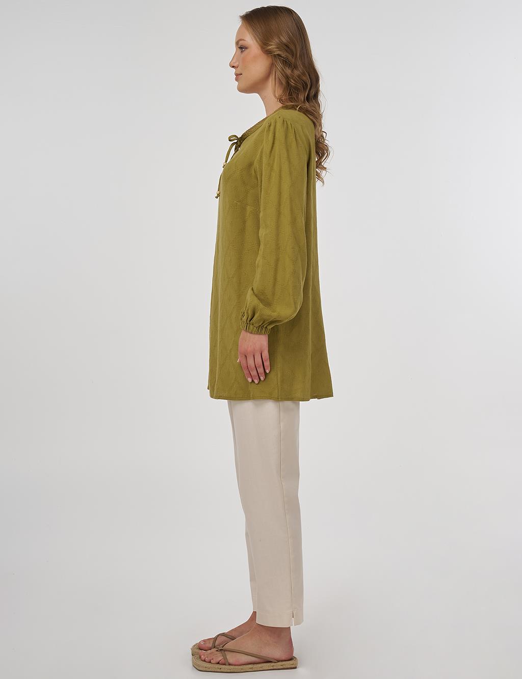 Tassel Detailed Viscose Linen Blouse - Khaki