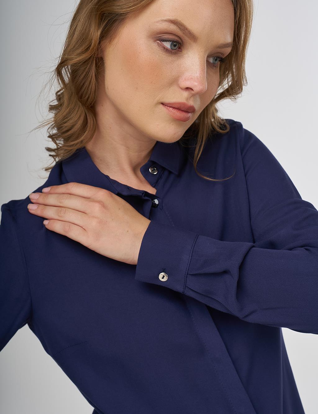 Hidden Placket Basic Shirt - Navy
