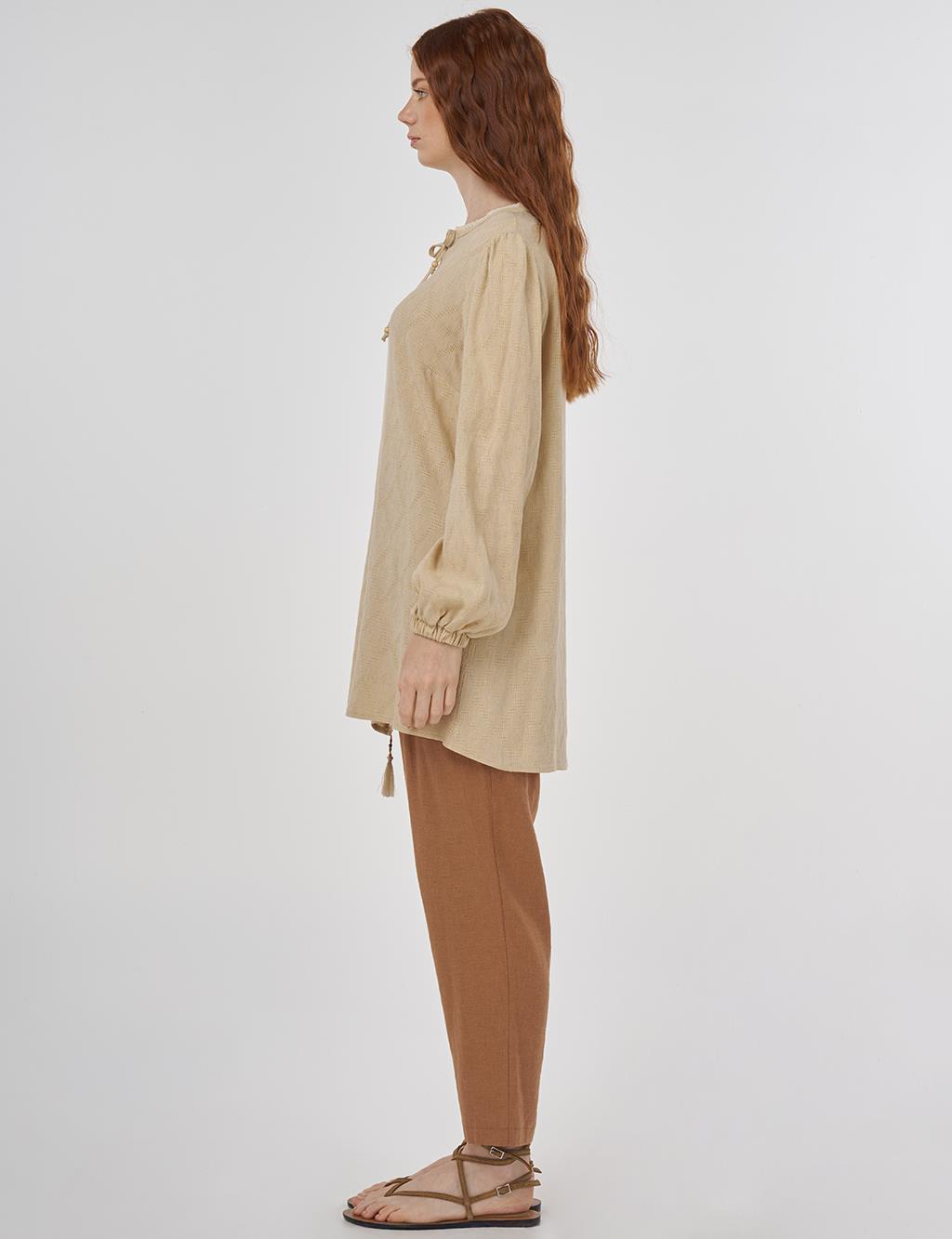 Tassel Detailed Viscose Linen Blouse - Beige