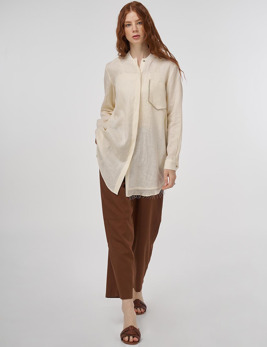 100% Linen Tunic with Bead Embroidery Cream 