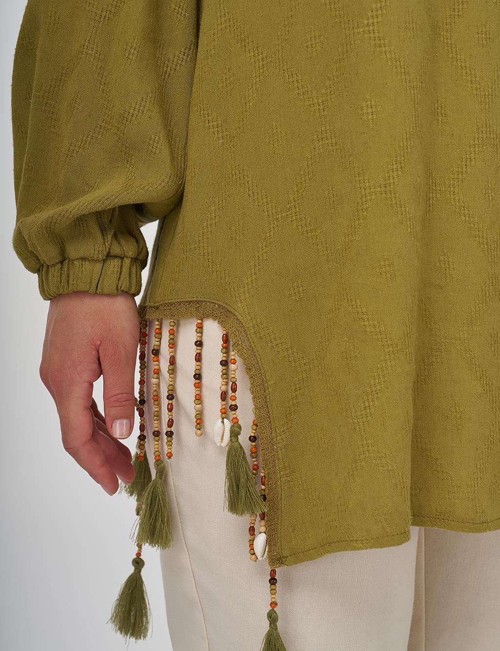 Tassel Detailed Viscose Linen Blouse - Khaki