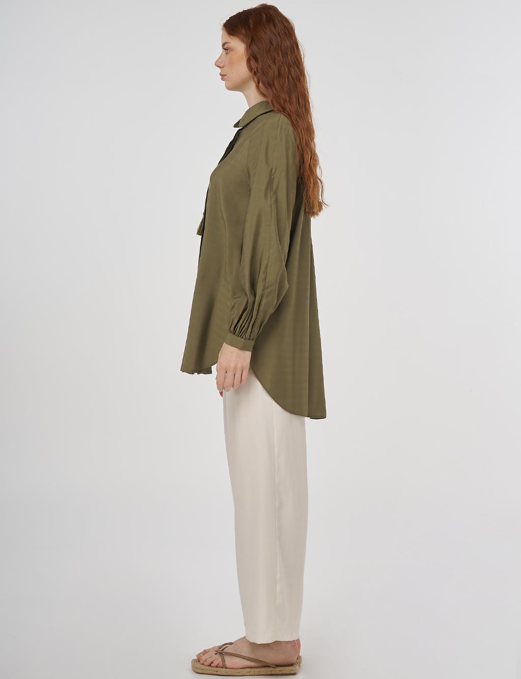 Püskül Detaylı Viskon Tunik Haki