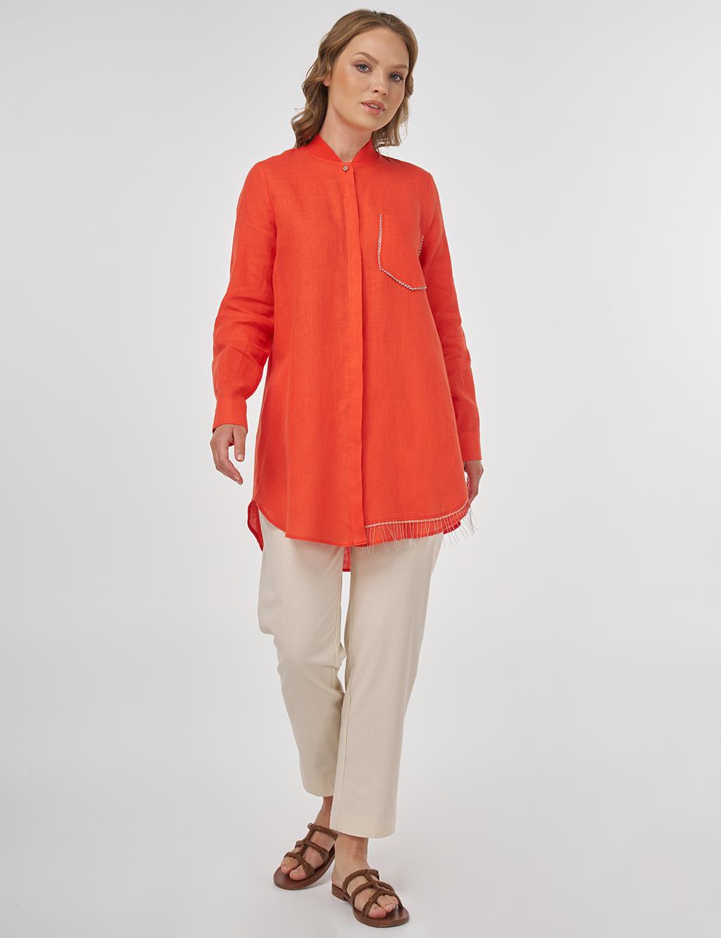 100% Linen Tunic with Bead Embroidery Coral