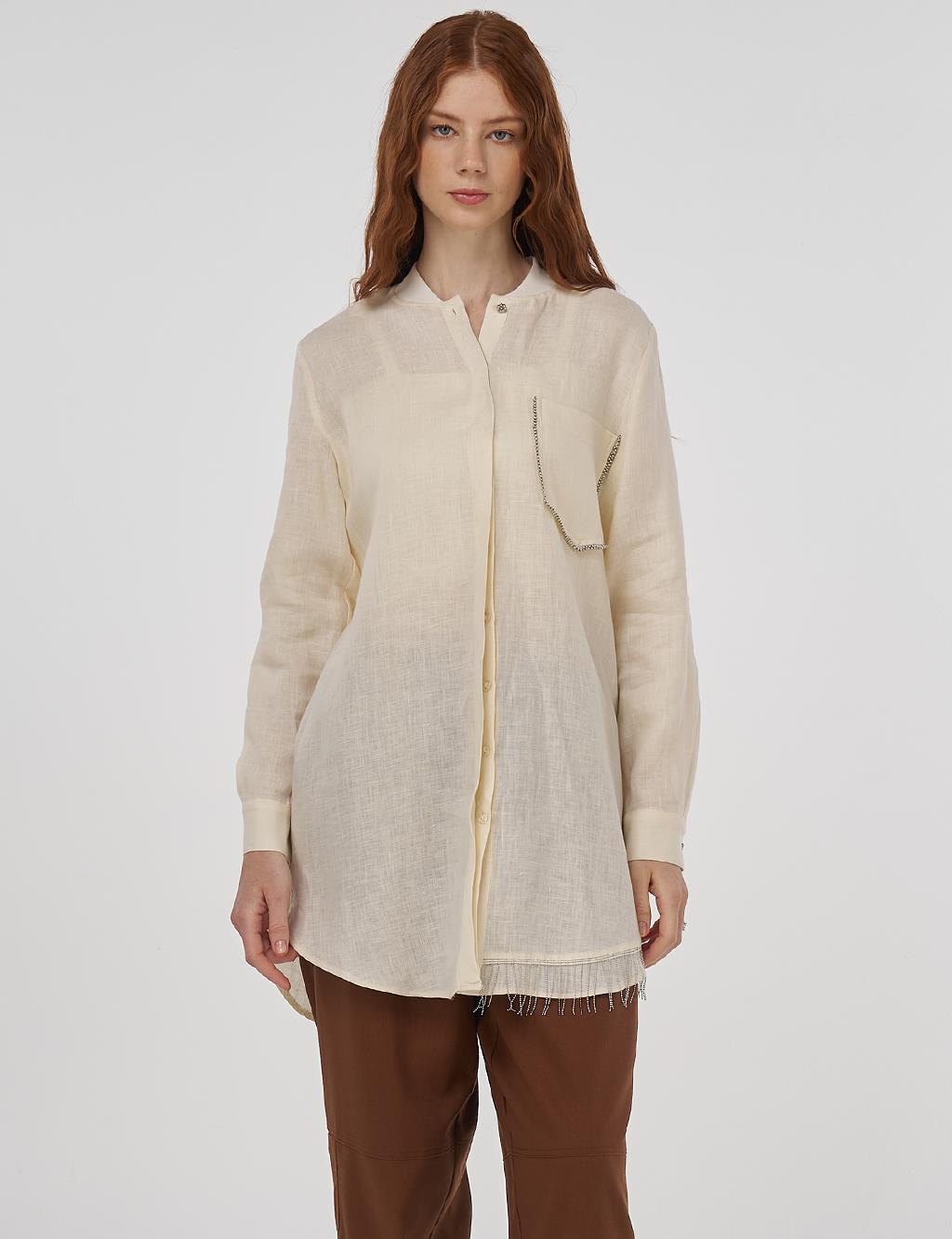 100% Linen Tunic with Bead Embroidery Cream 