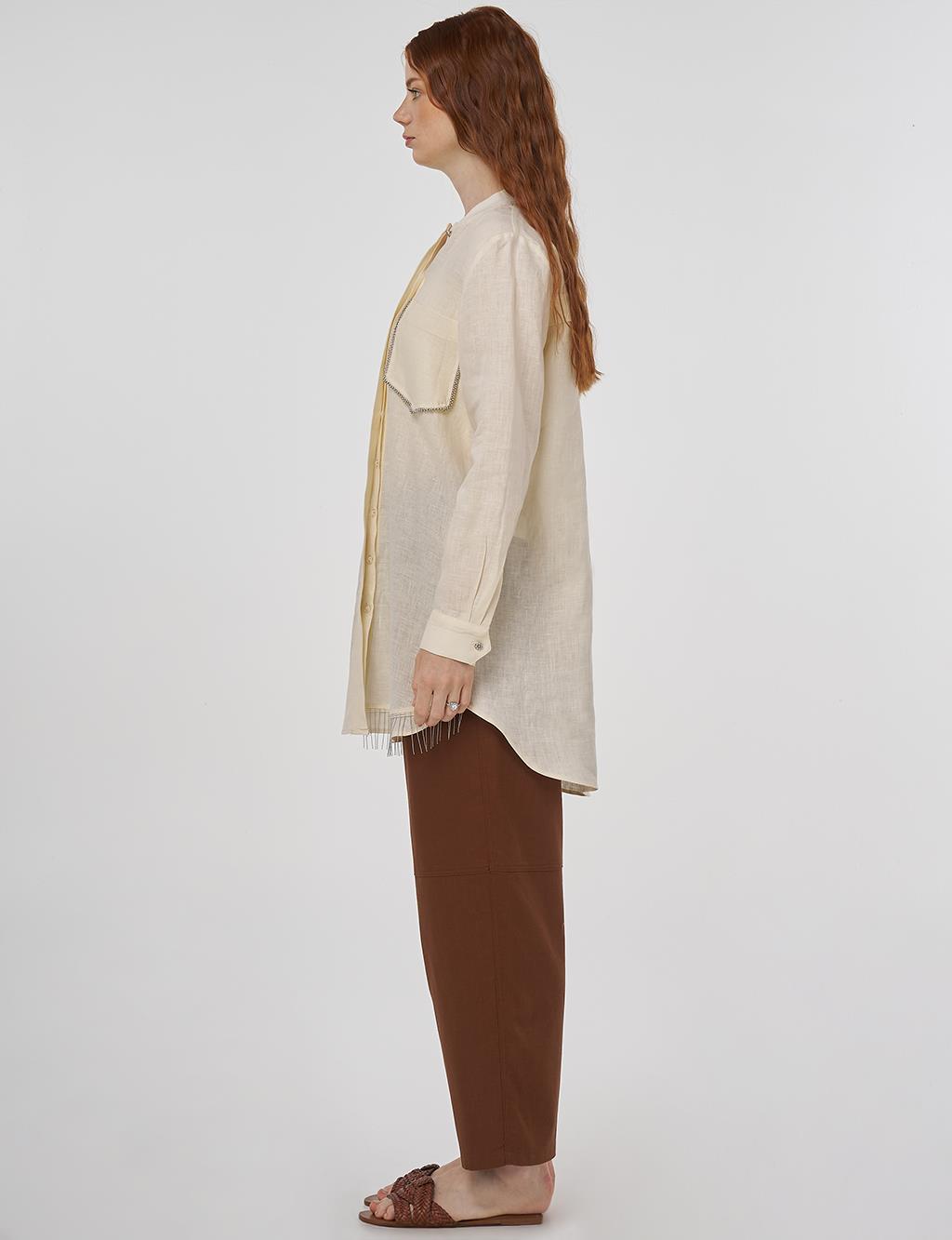 100% Linen Tunic with Bead Embroidery Cream 