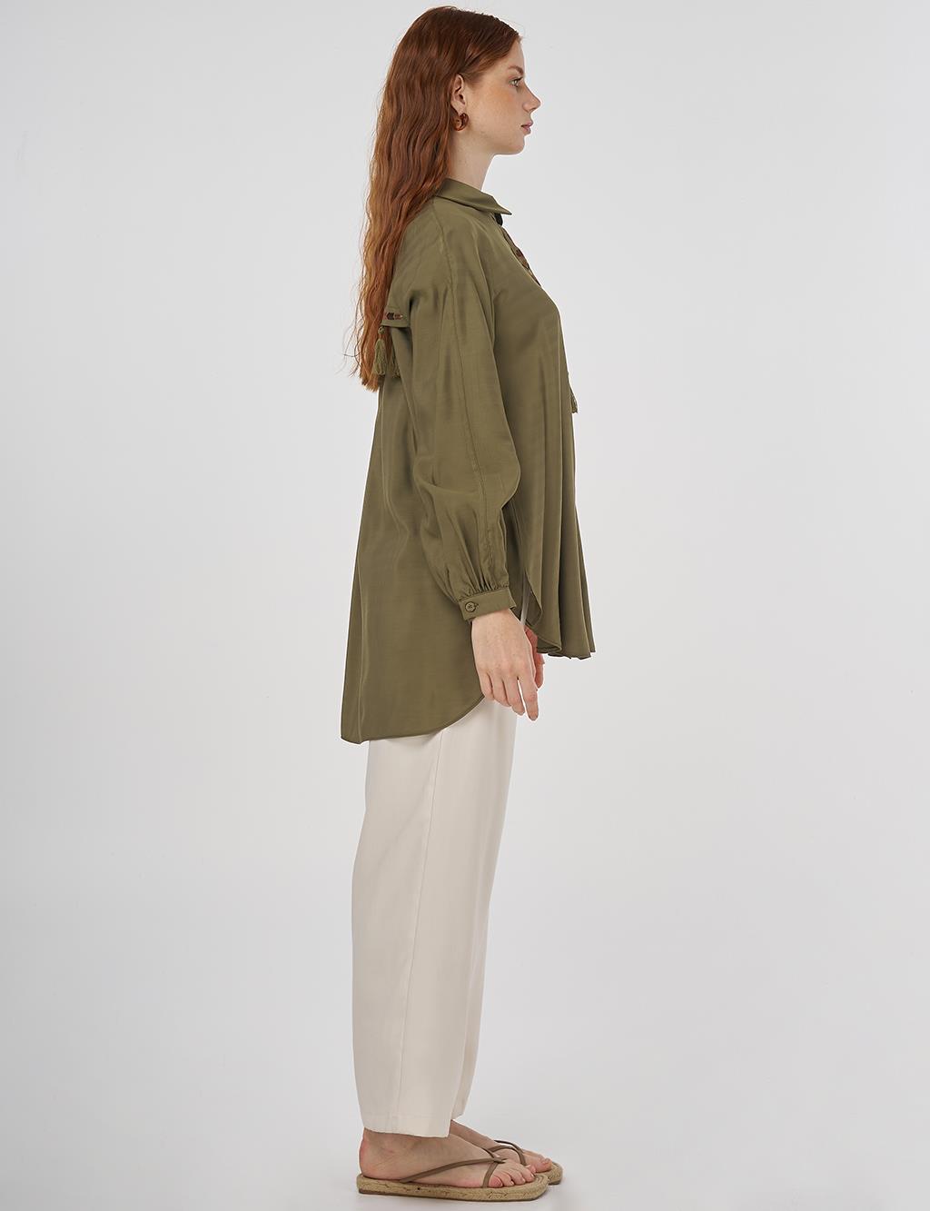 Püskül Detaylı Viskon Tunik Haki