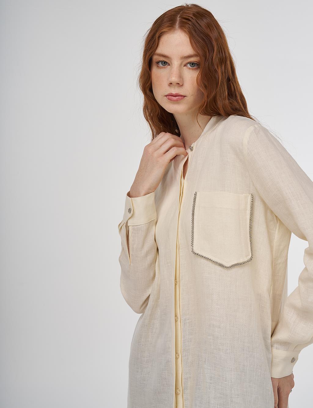 100% Linen Tunic with Bead Embroidery Cream 