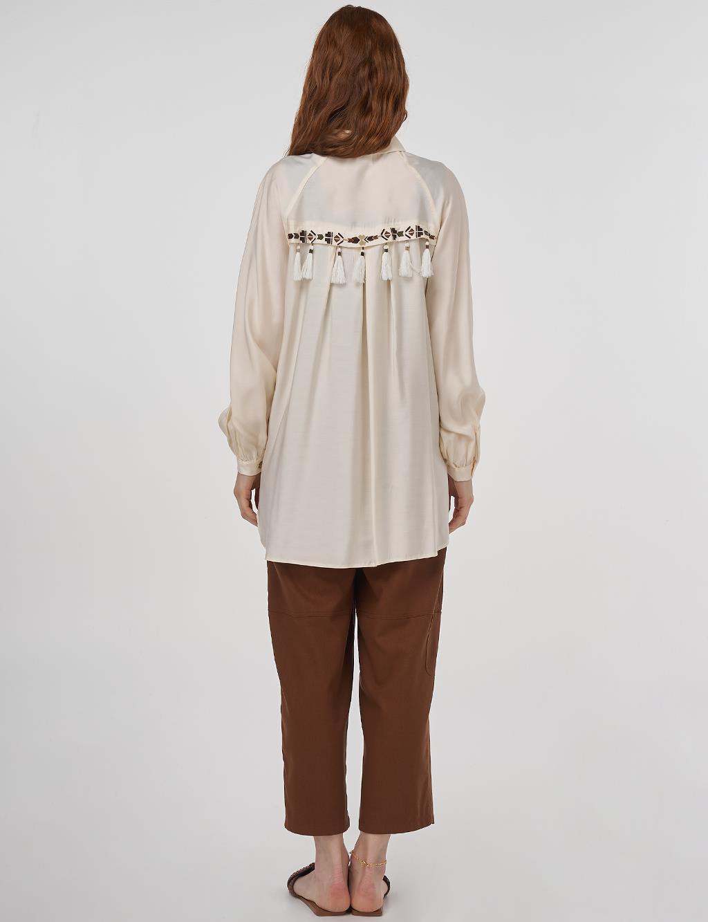 Püskül Detaylı Viskon Tunik Ekru