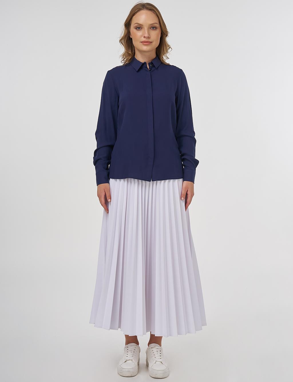 Hidden Placket Basic Shirt - Navy