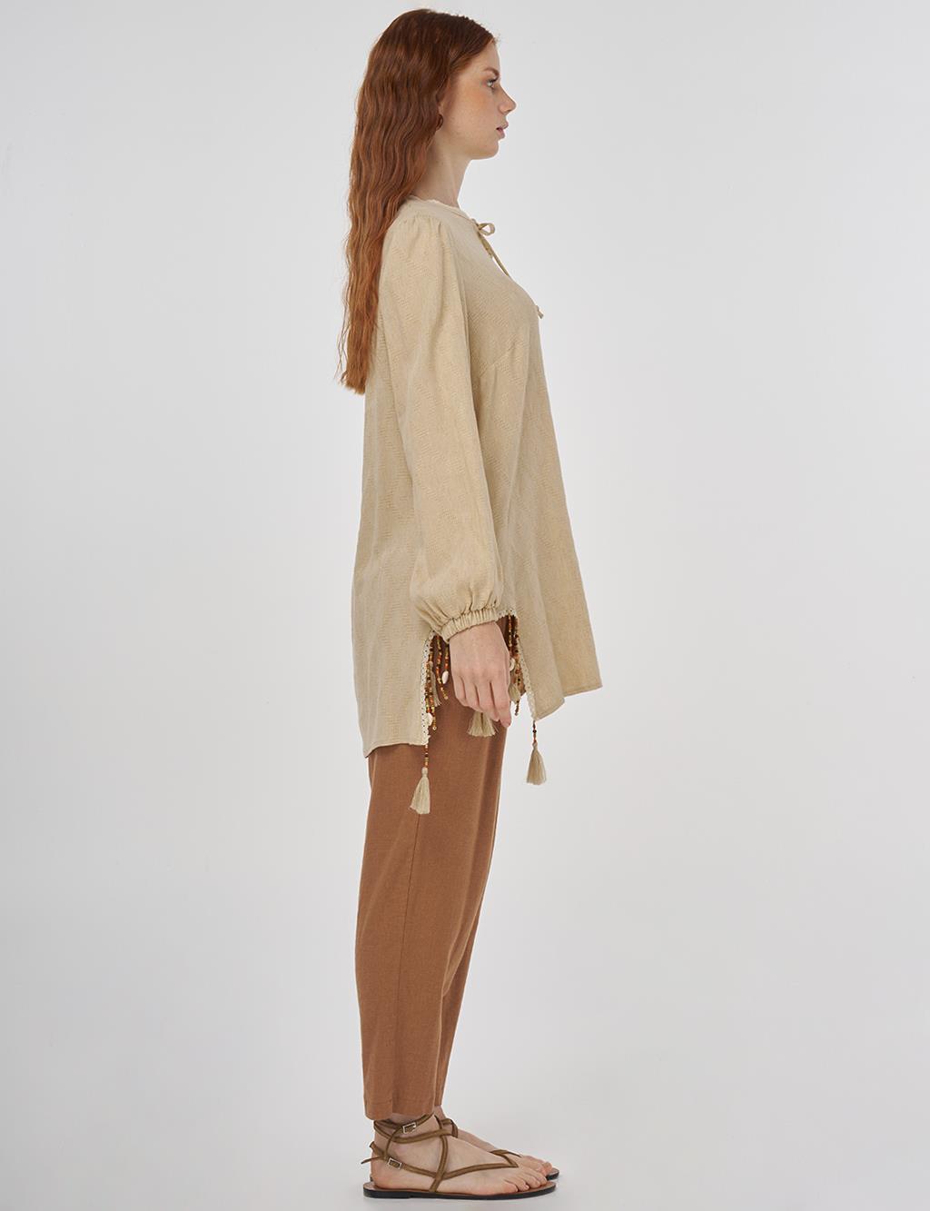 Tassel Detailed Viscose Linen Blouse - Beige