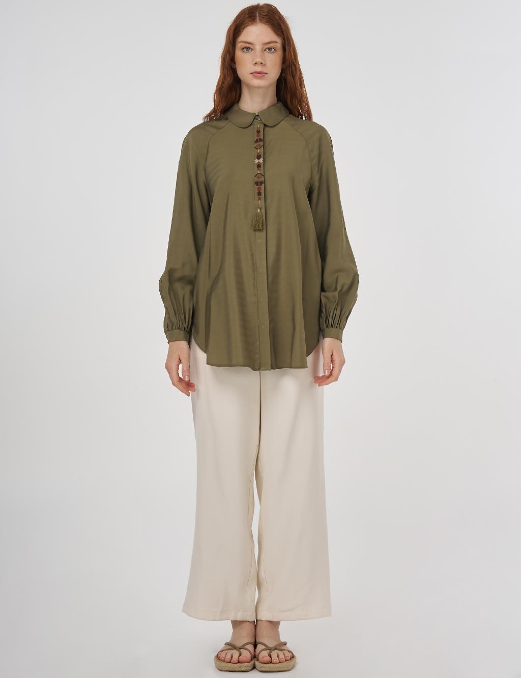 Püskül Detaylı Viskon Tunik Haki