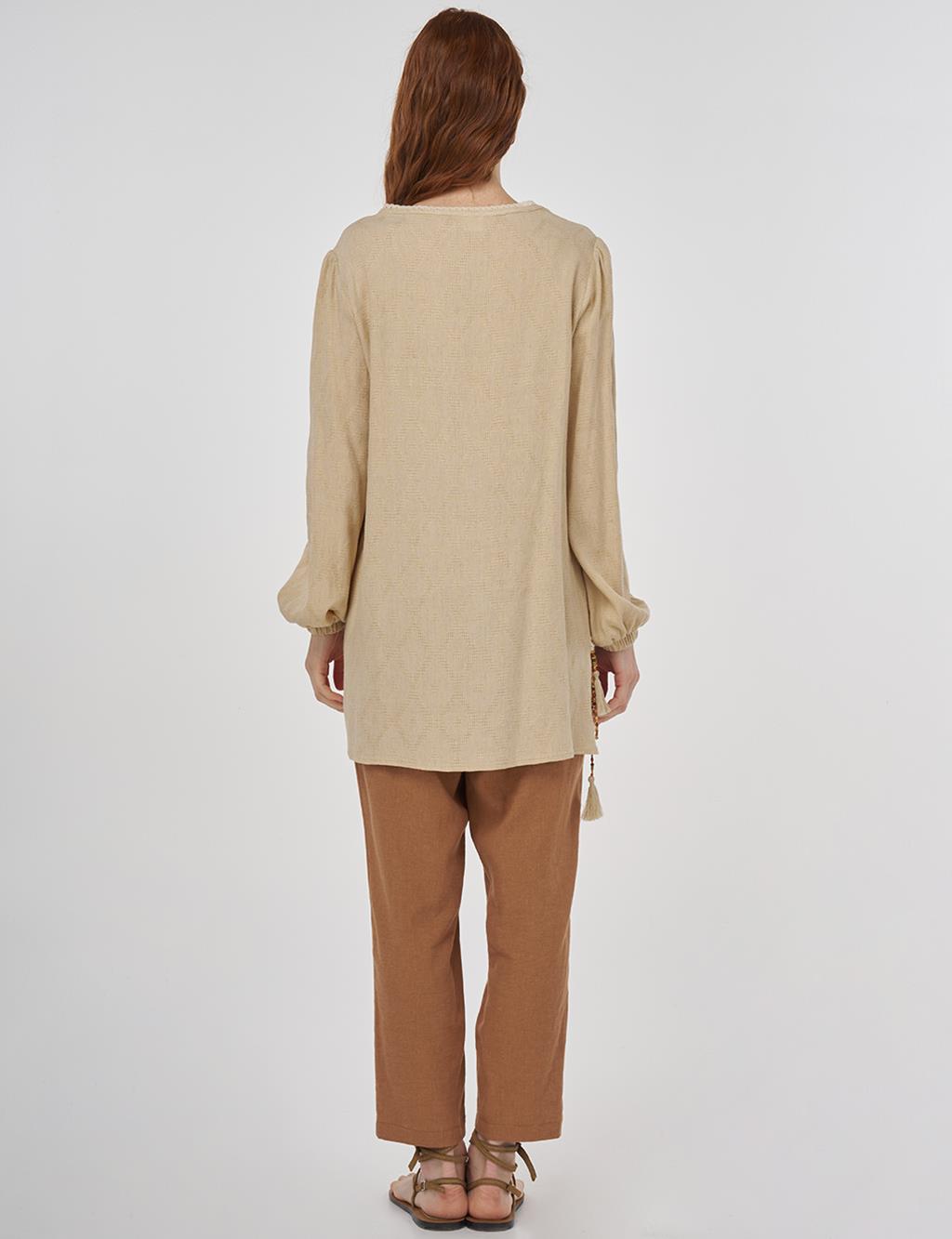 Tassel Detailed Viscose Linen Blouse - Beige