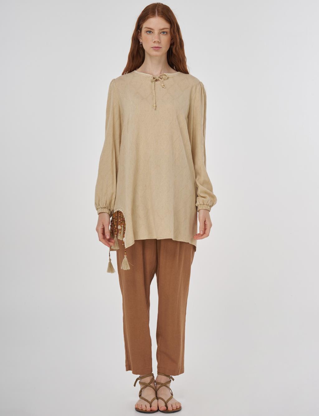 Tassel Detailed Viscose Linen Blouse - Beige