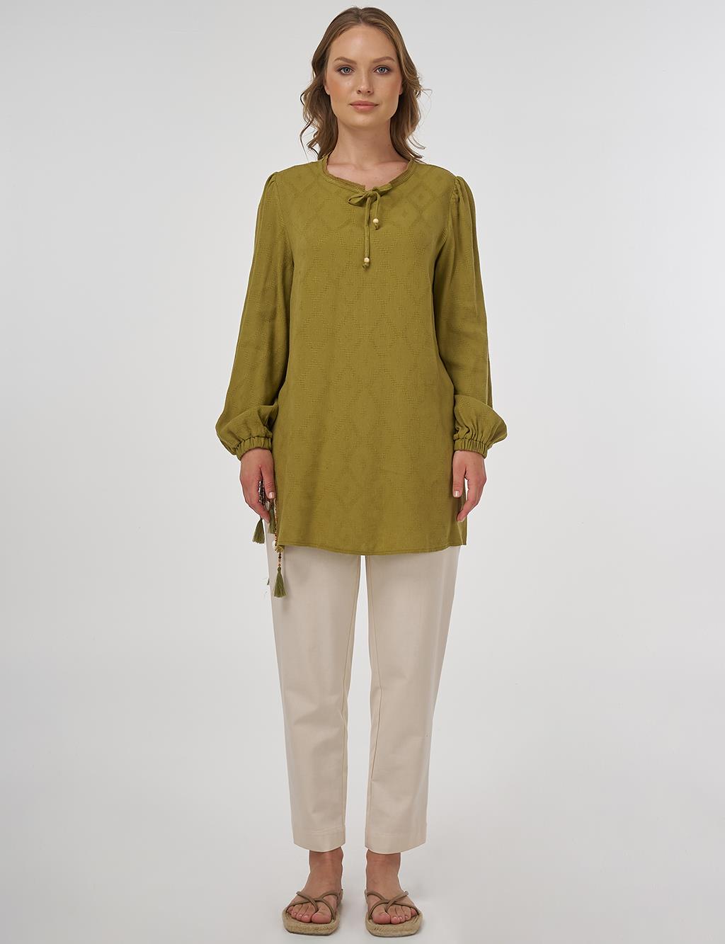 Tassel Detailed Viscose Linen Blouse - Khaki