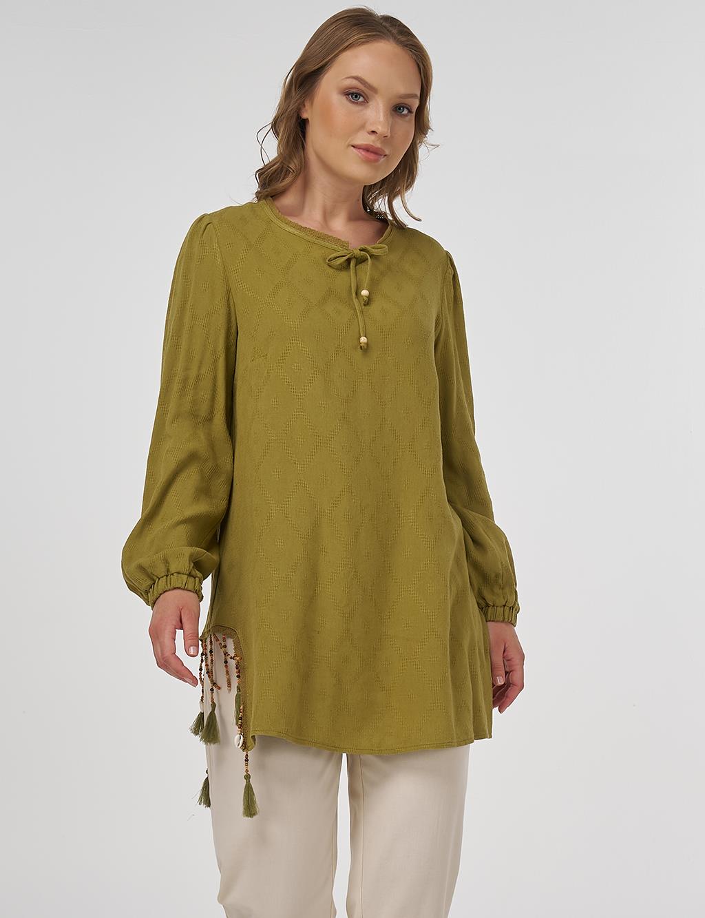 Tassel Detailed Viscose Linen Blouse - Khaki