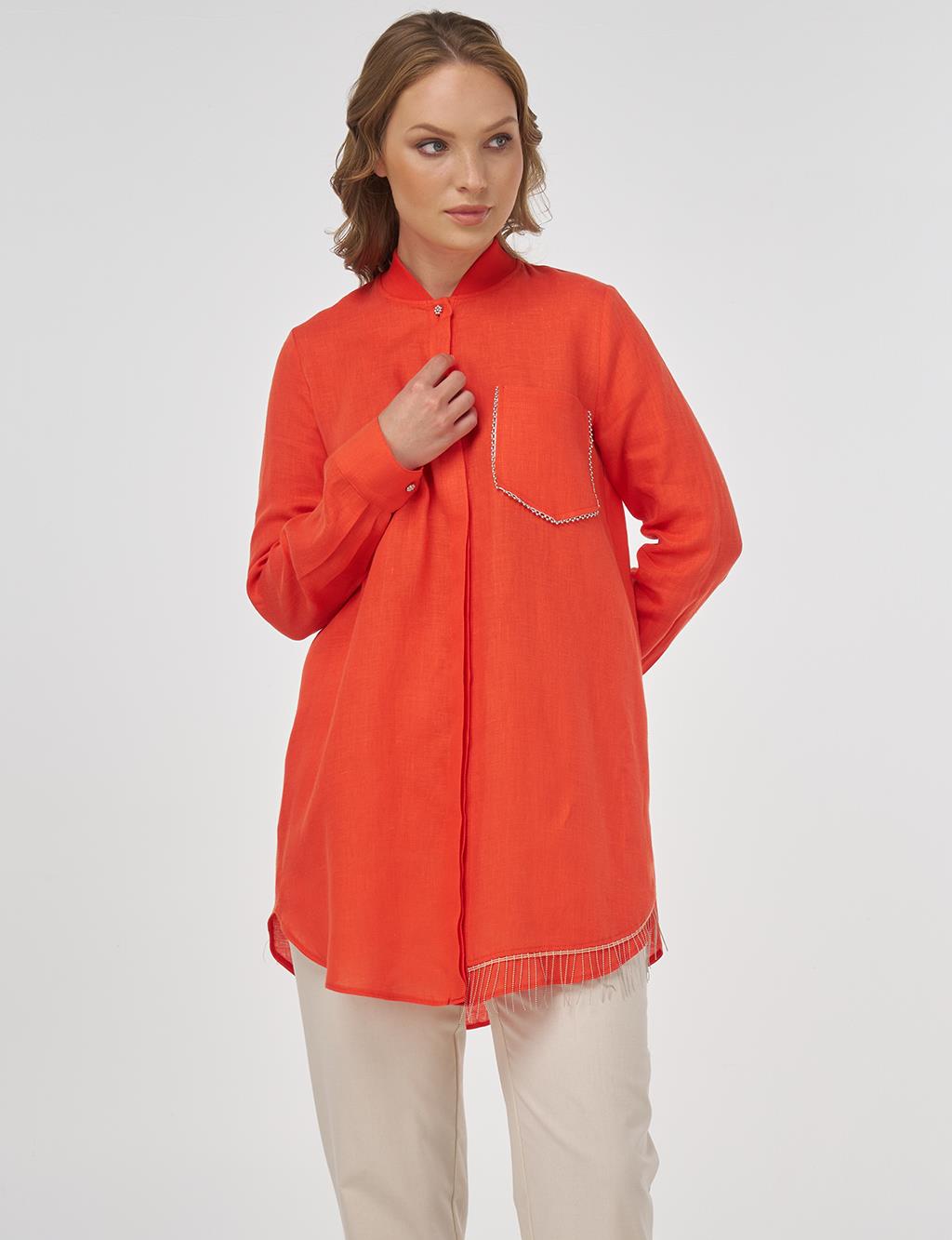 100% Linen Tunic with Bead Embroidery Coral
