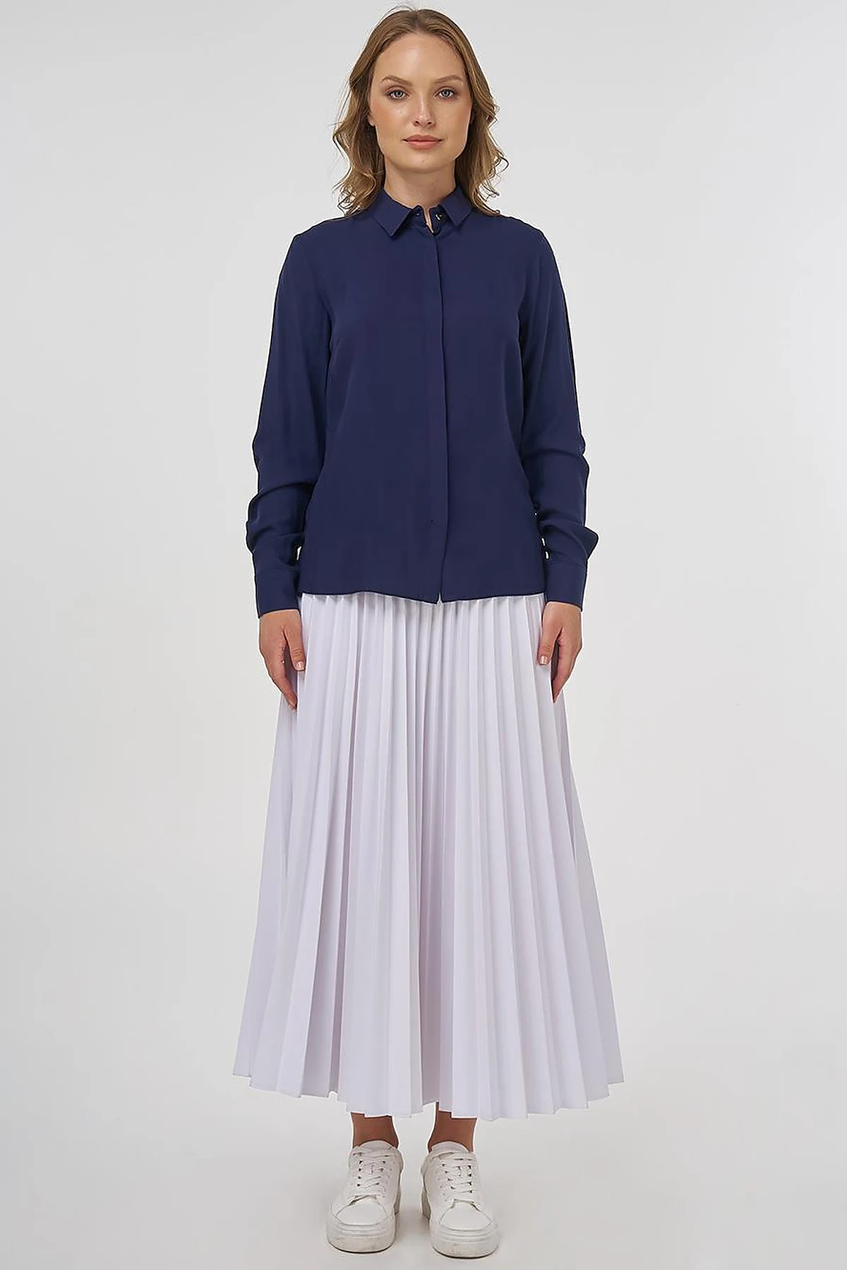 Hidden Placket Basic Shirt - Navy