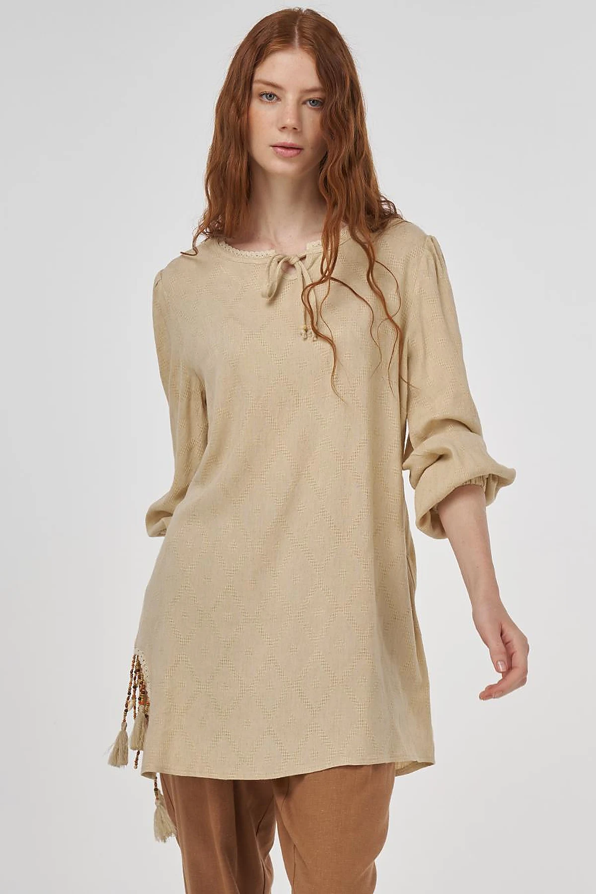 Tassel Detailed Viscose Linen Blouse - Beige