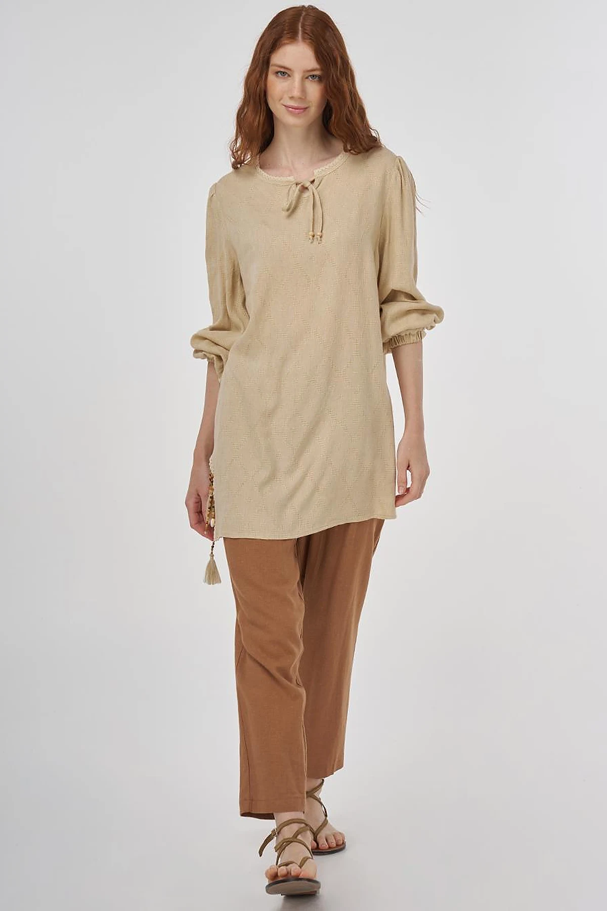 Tassel Detailed Viscose Linen Blouse - Beige