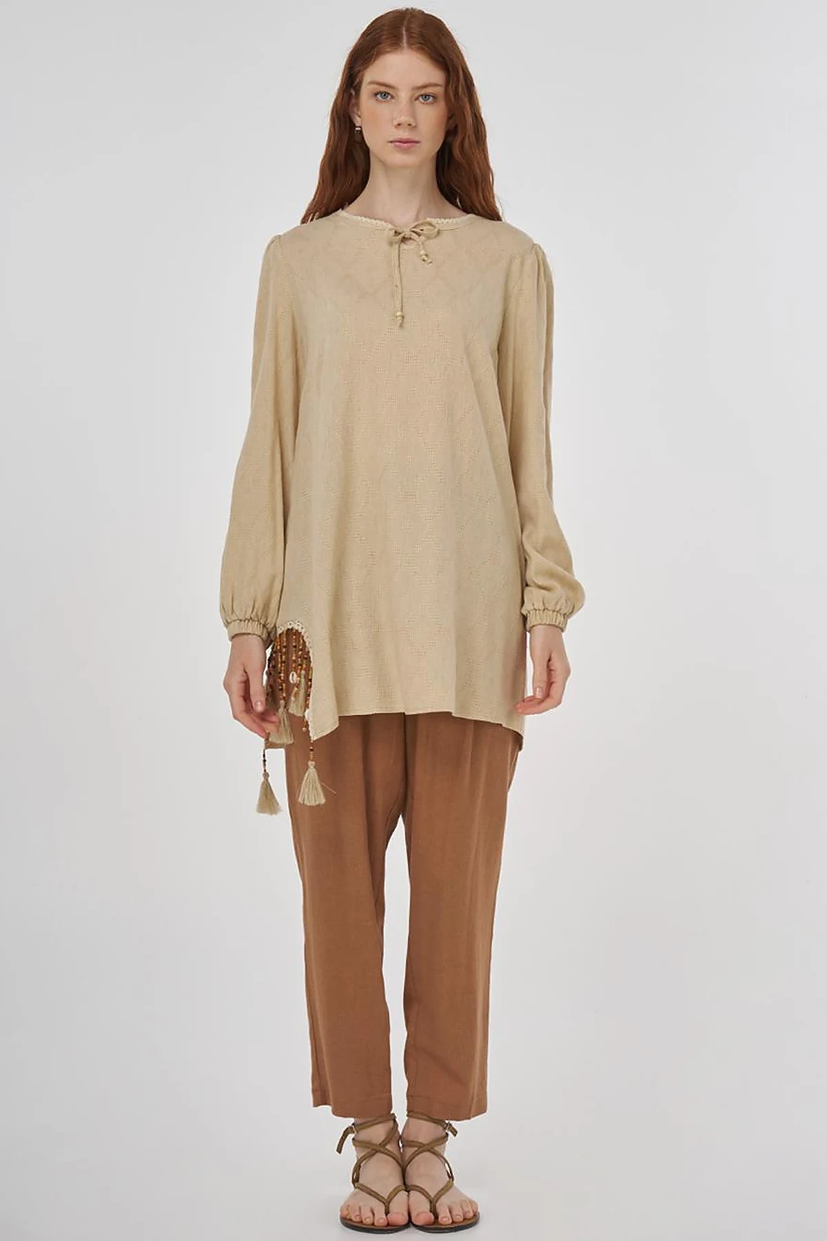 Tassel Detailed Viscose Linen Blouse - Beige