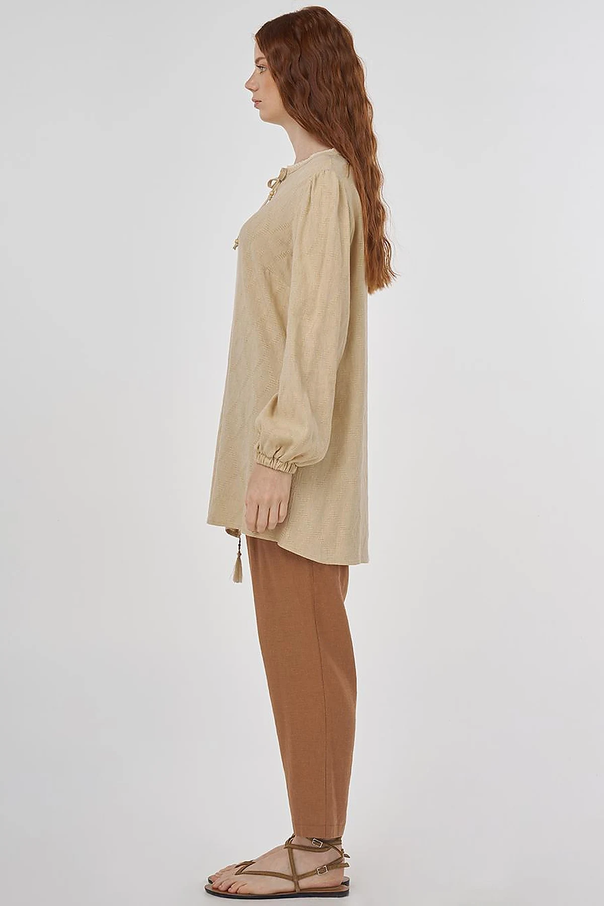 Tassel Detailed Viscose Linen Blouse - Beige
